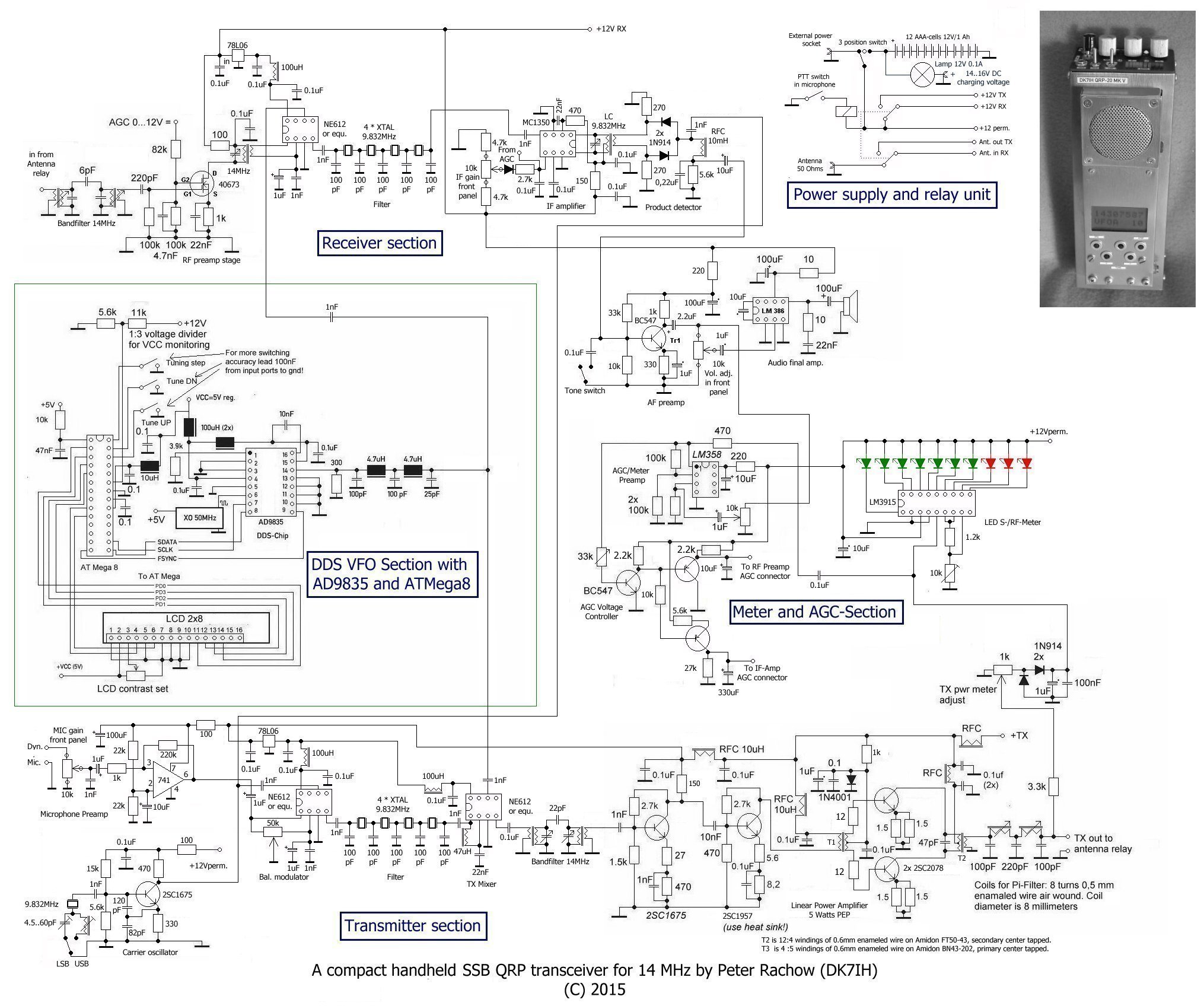 Revised schematic of QRP SSB handheld transceiver for 14 MHz/20Meter by DK7IH (Peter Rachow)