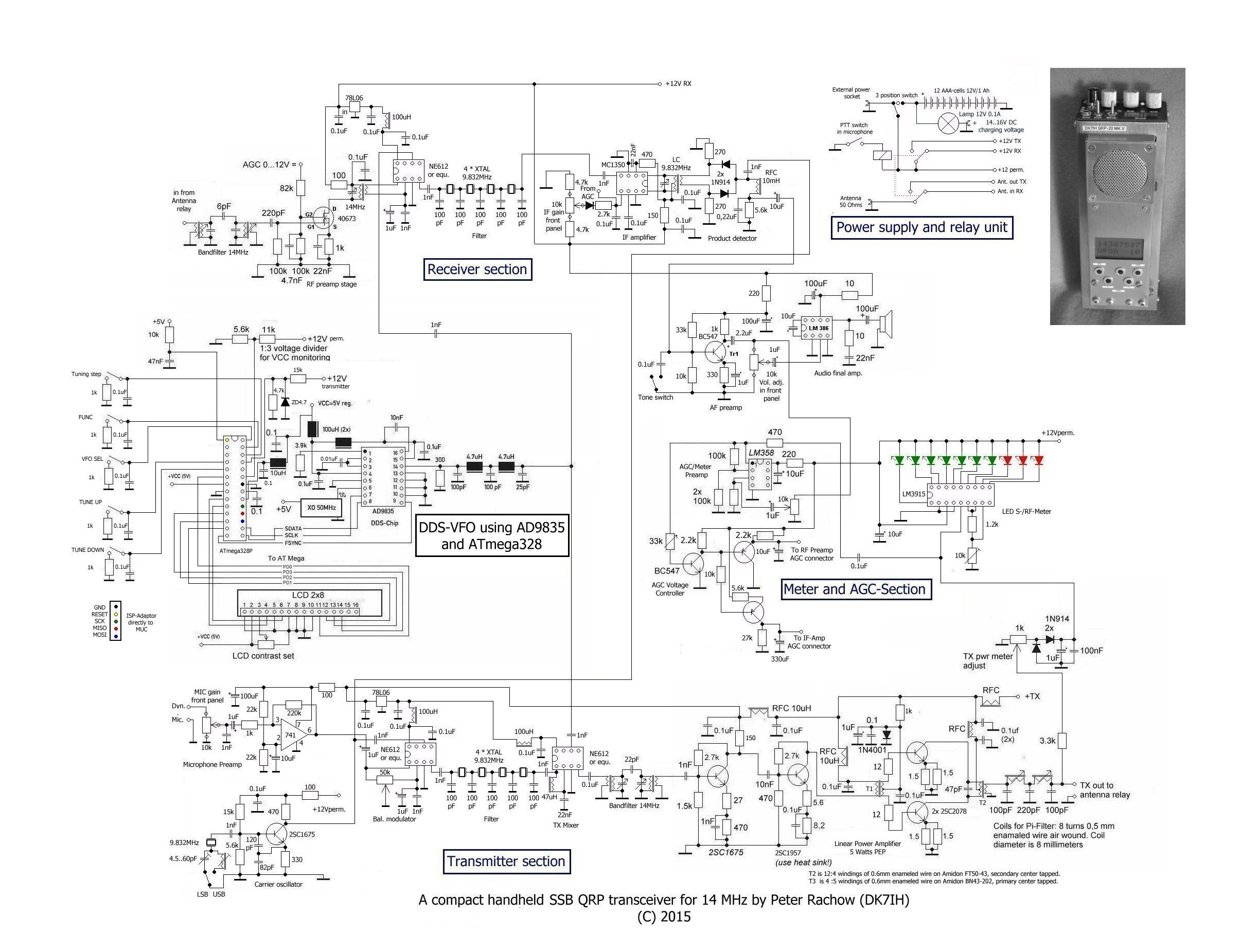 Revised schematic of QRP SSB handheld transceiver for 14 MHz/20Meter by DK7IH (Peter Rachow)