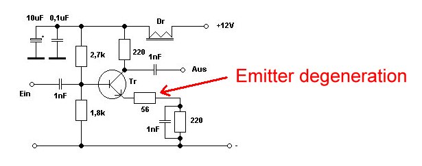 Emitter degeneration in a transistor amplifier stage