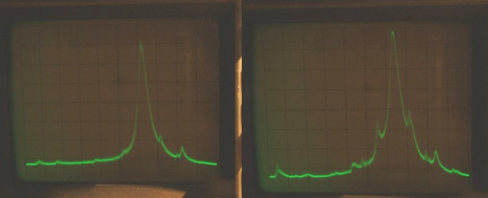 Spectral analysis of output signal of transmitter at 14MHz. Left picture p.out=10 Watts. Right picture amp is overdriven. Vertical division 10db each.