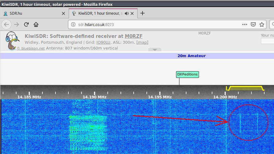 SSB signal to dummyload received on UK WEBSDR (PWR 20 watts PEP)