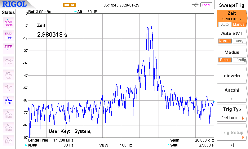 DK7IH 6 band QRP SSB TRX 2019 - TX output at 20m band - Pout = 12 W PEP