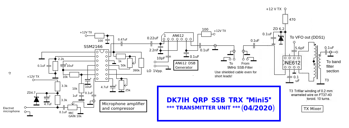 DK7IH Multiband QRP Transceiver for 5 Bands 2020 - Microphone compressor, DSB generator and TX mixer