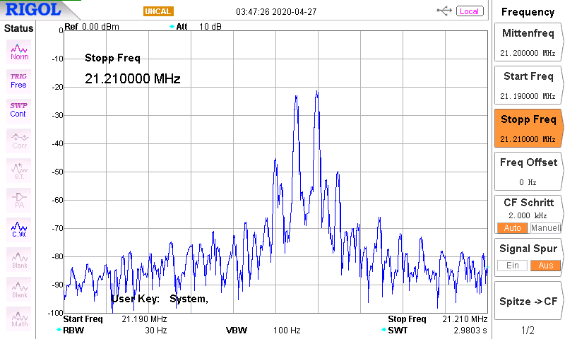 DK7IH 5 band QRP SSB transceiver 2020 - Spectral analysis of output signal (audio two-tone modulated)