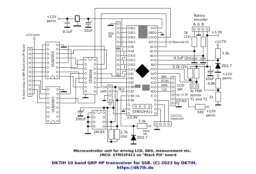 DK7IH multiband SSB transceiver for 10 bands and 10 watts PEP output - MCU board schematic - (C) 2023 by Peter Baier (DK7IH)