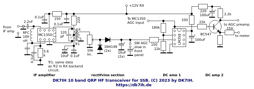 DK7IH multiband SSB transceiver for 10 bands and 10 watts PEP output - AGC schematic - (C) 2023 by Peter Baier (DK7IH)
