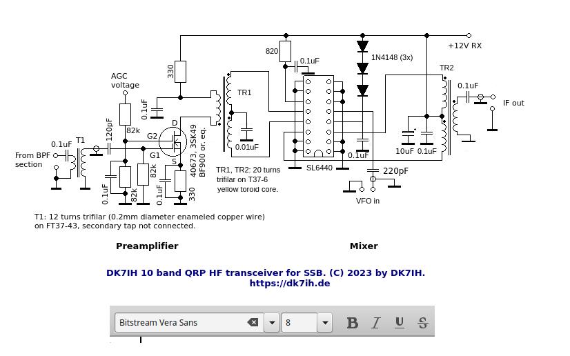 DK7IH multiband SSB transceiver for 10 bands and 10 watts PEP output - Receiver frontend - (C) 2023 by Peter Baier (DK7IH)