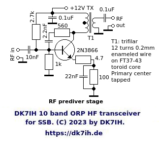 DK7IH multiband SSB transceiver for 10 bands and 10 watts PEP output - RF amplifier #1 schematic - (C) 2023 by Peter Baier (DK7IH)