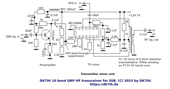 DK7IH multiband SSB transceiver for 10 bands and 10 watts PEP output - TX mixer schematic - (C) 2023 by Peter Baier (DK7IH)