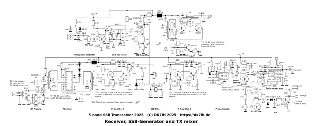 DK7IH 50W 5 bands SSB transceiver - Receiver and SSB modulator circuit.