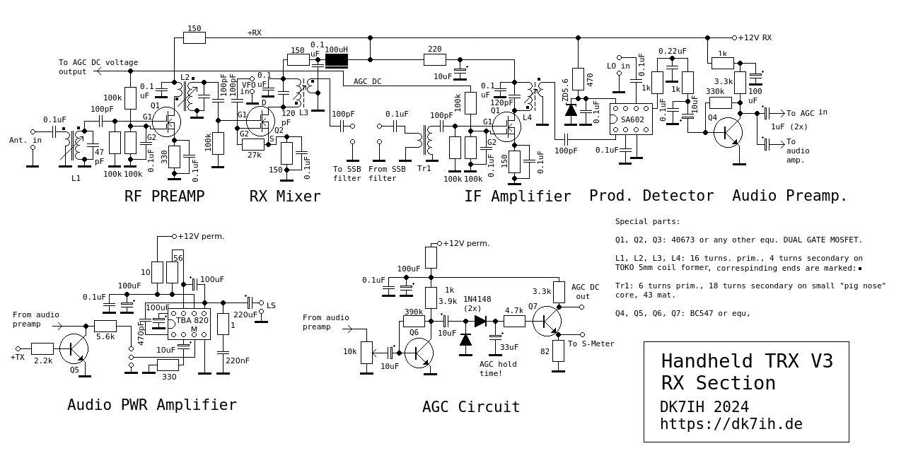 Handheld transceiver for 14 MHz SSB (Version 3). RX Schematic.